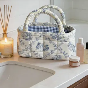 Vintage Floral Print Quilted Storage Basket, Foldable Snack Basket, Laundry Basket, Bathroom Organizer, Bedroom Essentials, Large Capacity