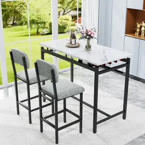 3 Pieces Dining Table Set Modern Dining Table and Chairs for 2, Marble Finishes Dining Table Set with 2 Upholstered Chairs, Kitchen Table Set Bar Pub Set for Breakfast Nook, Dining Room, Rustic Black, Grey Chair