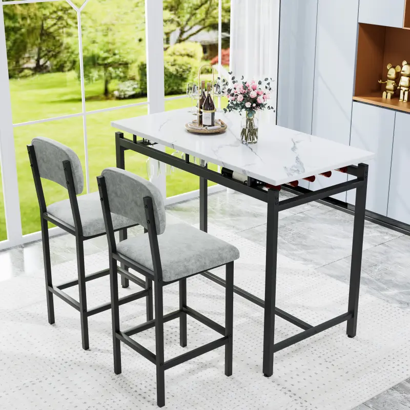 3-Piece Modern Marble-Finish Dining Table Set with 2 Upholstered Grey Chairs, Rustic Black Indoor Apartment Furniture for Breakfast Nook, Dining Room