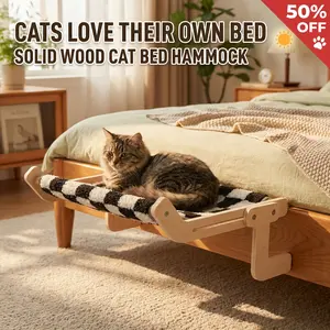 Cat hammock, bedside cat perch, solid wood hanging cat bed, no drill install, space saving indoor cat furniture, soft plush cushion, adjustable mount, anti slip design, small medium cat nest, bedroom couch side cat bed, cat sunbathing spot