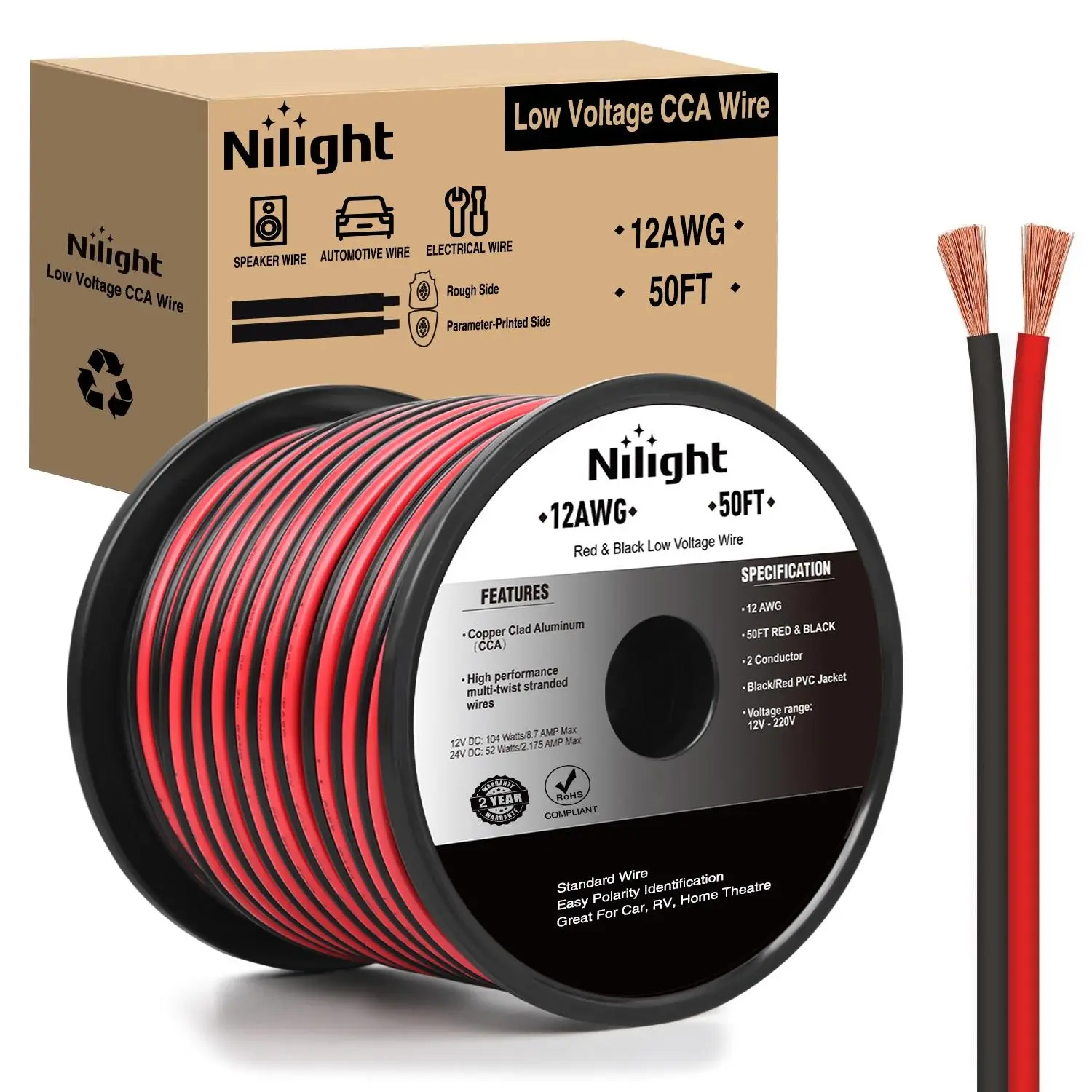 Nilight 50FT 14AWG Copper Clad Aluminum 14/2 Gauge Red Black Flexible Wire, 2-Conductor Parallel Wires on Plastic Spool, 12V/24V DC Extension Cord with Twist/Stretch Flex for Car LED Light Strips, Car Audio Systems, Low Voltage Wire