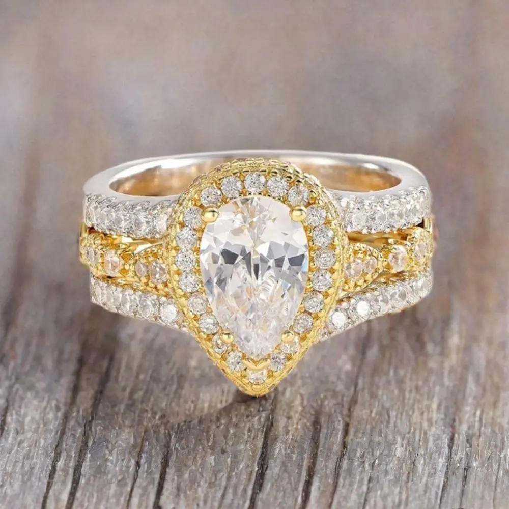 2 pieces set creative three layer inlaid water drop pear shaped  ring couple ring fashionable women engagement ring daily wear valentine gift Stackable Rings Stacking Rings