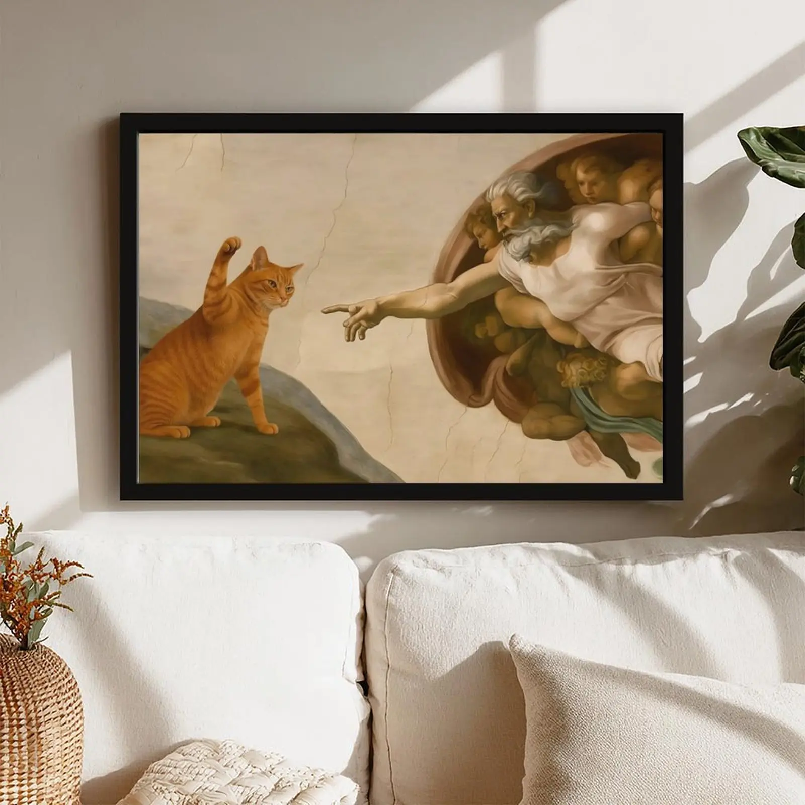 Fun orange cat wall mural poster, Adam and the creation of the cat, Renaissance Michelangelo and animal-themed wall decoration, bedroom, living room, wall decor.