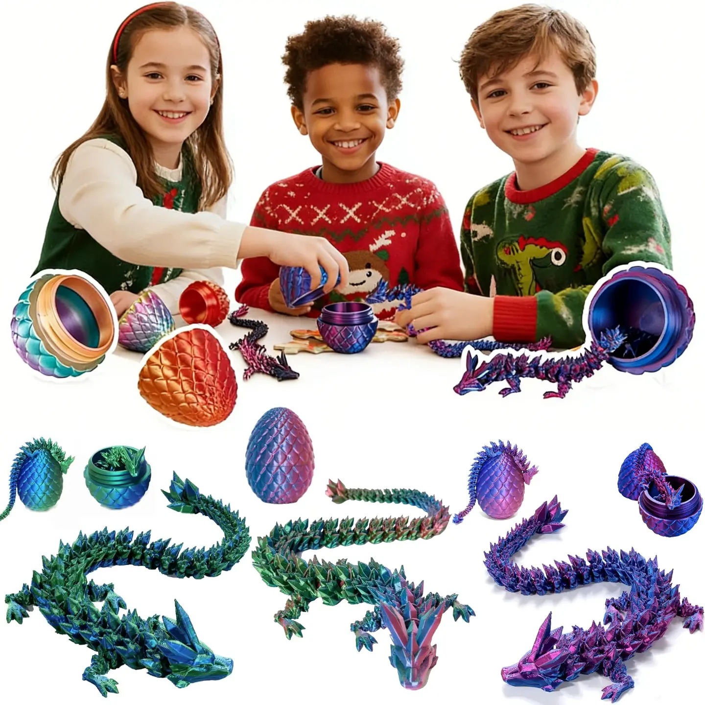 3PCS/3D Printed Dragon Easter Basket Stuffers Surprise Egg,Articulated Crystal Dragon in Egg,Executive Dragon Fidget Desk Toys,Christmas Decorative Easter Egg Fillers Gifts for Boys Kids