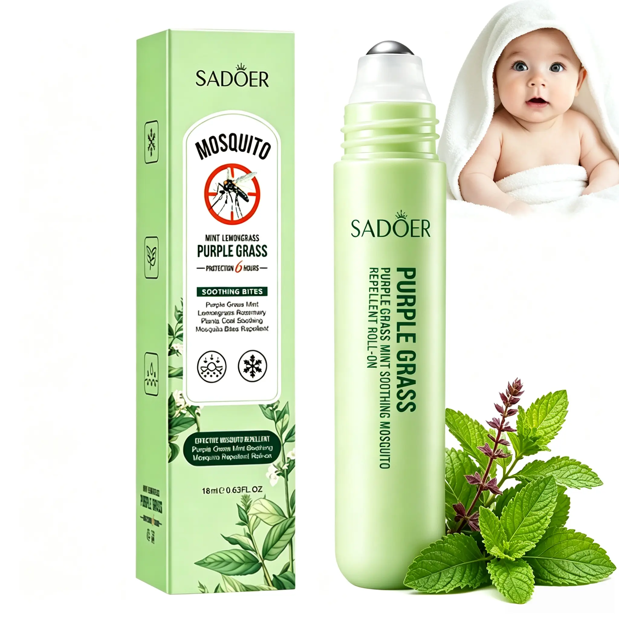 Natural Purple Grass Mint Soothing Mosquito Repellent Roller, Outdoor Must-Have For Summer And Autumn,Relieving Skin Itching And Scratching, Bidding Farewell To Itching, Redness And Swelling, Preventing Mosquito Bites, With Obvious Soothing Effect,