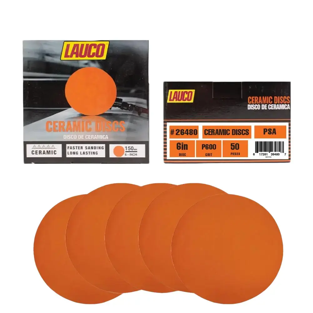 Lauco 6 inch (150 mm) 600 Grain Premium Orange Ceramic PSA Discs, 50 Pieces No-Hole Self-Adhesive Fast Clogging-Resistant Random Orbital Sander Discs for Wood/Metal, Paint Finishing