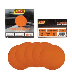 Lauco 600 Grit 6” Premium Orange Ceramic PSA Discs, Box of 50 No-Hole Self-Adhesive Random Orbital Sander Discs for Fast Sanding, Polishing on Wood, Metal, Paint, Plaster, Grain