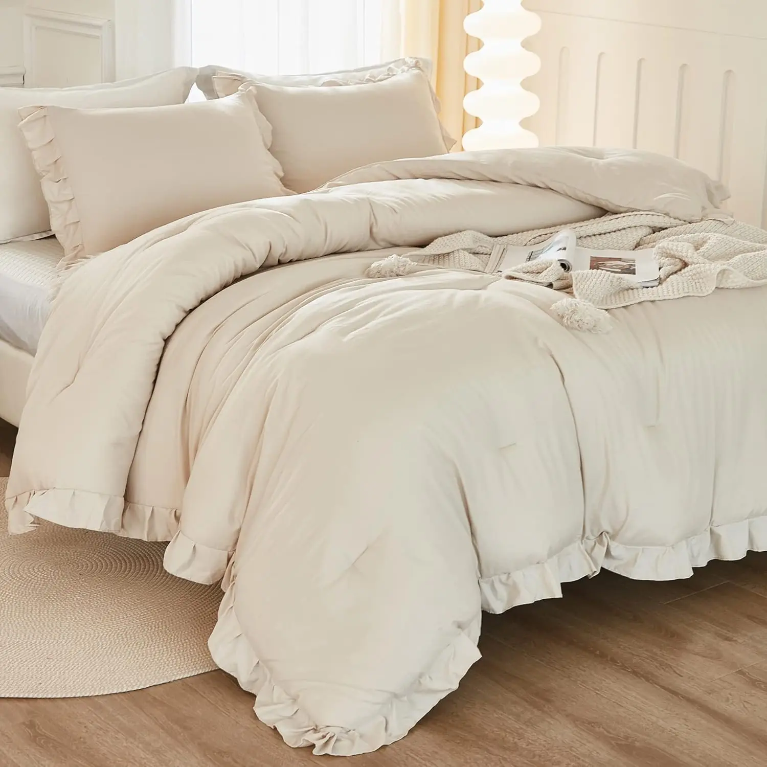 King Size Comforter Beige, 3 Ruffle Lightweight Comforter, Fluffy (104x90In Comforter, 2 Pillowcases)