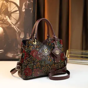 Vintage Embossed Leather Shoulder Bag – Elegant Floral Handbag for Moms