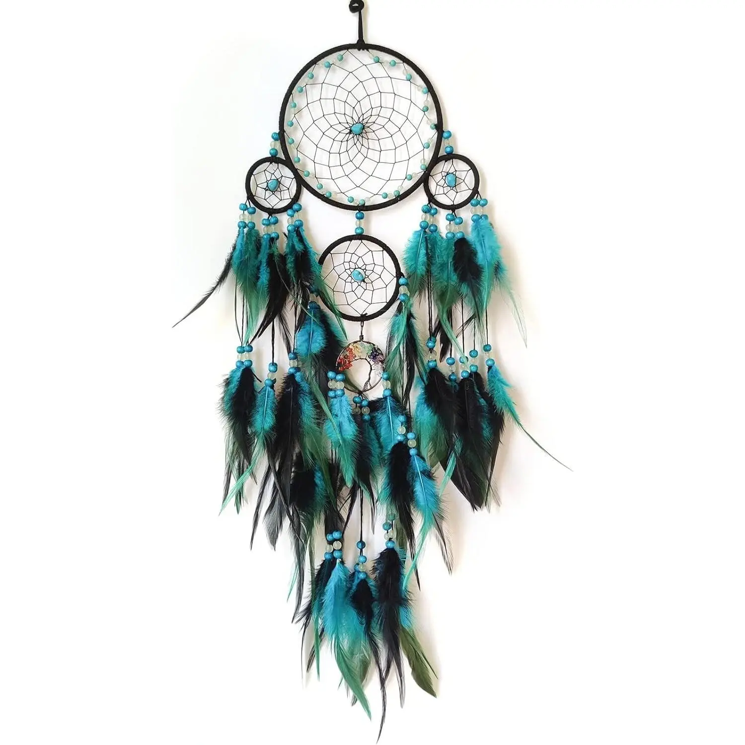 Blue and Black Large Dream Catcher with Tree of Life Pendant | Handmade, Wall Decor, Wall Hanging Ornament, Bedroom Living Room Home Decor