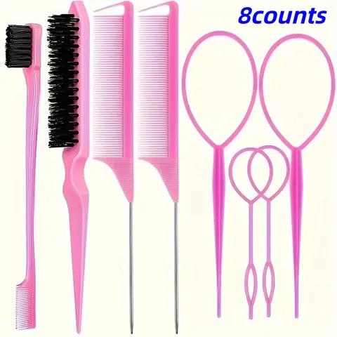Hair Styling Tool Set, 8 Counts/set Hair Comb & Hair Styling Tool, Heatless Styling Tool for Women & Girls, Hair Styling Accessories, Hairdresser Accessories, Detangling Brush, Hair Tools, Hair Care Styling, Heatless Haircare