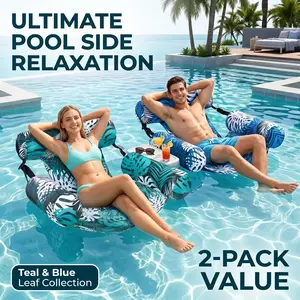 2 Pack Inflatable Pool Hammock Float Chairs for Adults, Water Lounge Seat with Backrest and Cooling Mesh, Portable Floating Recliner for Pool Party, Lake Trip, Beach Vacation, Summer Outdoor Relaxing Activities