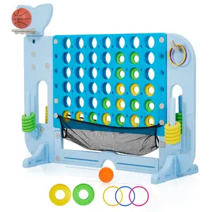 4-in-1 Giant 4-in-a-Row Yard Game Set – Adjustable Height, Includes Golf, Basketball & Ring Toss, Mesh Net, 42 Jumbo Rings – Indoor Outdoor Board Game for Kids & Adults, Patent Authorized
