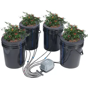 DWC Hydroponics Grow System Deep Water Culture With Top Drip 4 Buckets For Indoor Home Garden, Complete Four-Bucket DWC Setup Including Reservoir, Tubing, Air Stones, Pump, Net Pots, Adjustable Flow, Easy Assembly