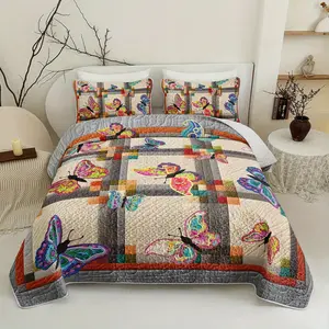 3pcs Butterfly Pattern Bed cover setColorful Butterfly Quilt SetBohemian Butterfly bedspread setsSoft Butterfly Bedroom Decor Four seasons (1Quilt+ 2Pillowcase)