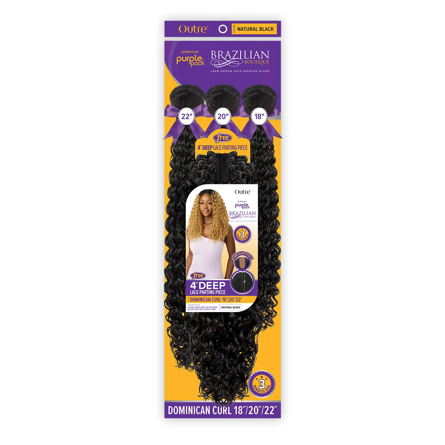 Outre Purple Pack Weave Hair Bundles, Dominican Curl Human Hair Blend with 4" Deep Lace Closure, Brazilian Curly Texture, 18" 20" 22", Unisex, Long, Long Layers, Curly Bundles, Curl Texture, Shed-Free, Tangle-Free For Smooth Wear