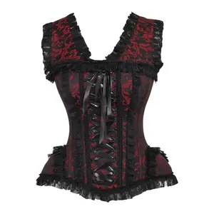 Top Drawer Red/Black Swirl Brocade & Lace Steel Boned Corset w/Cap Sleeves
