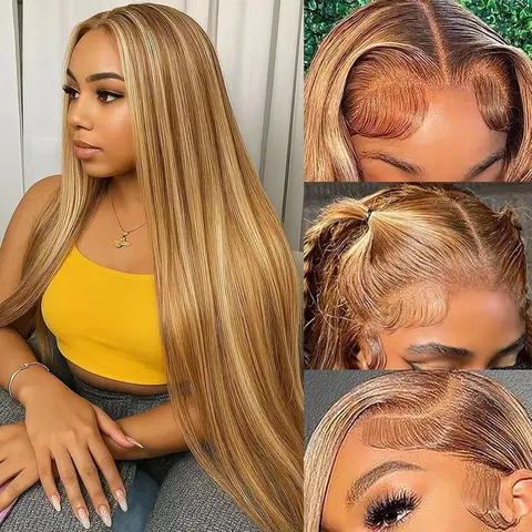 Highlight Wig 13x6 Hd Lace Frontal Wig Natural Hairline Pre Plucked P4/27 Ombre Colored Straight Human Hair Wig For Women
