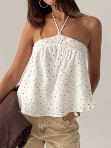 Polka Dot Halter Crop Top Women Sexy Strapless Double Layered Summer Casual White Tops Womenswear