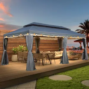 Outdoor 10 ft x 20 ft Canopy Gazebo, Metal Gazebo with Netting and Curtains for Garden, Patio, Party Canopy, Gray/Yellow