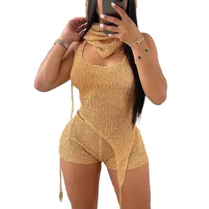 Women's Sexy 3-Piece Set: Sequin-Knit Backless Asymmetrical Halter Top, Crochet Shorts, and Party-Style Hooded Headpiece—A Sexy, Body-Sculpting, Cutout Mini-Shorts Ensemble