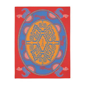 Colombian Dreams Blue Orange Mandala blanket | Geometric Boho Throw, Red Border Velvet Microfiber