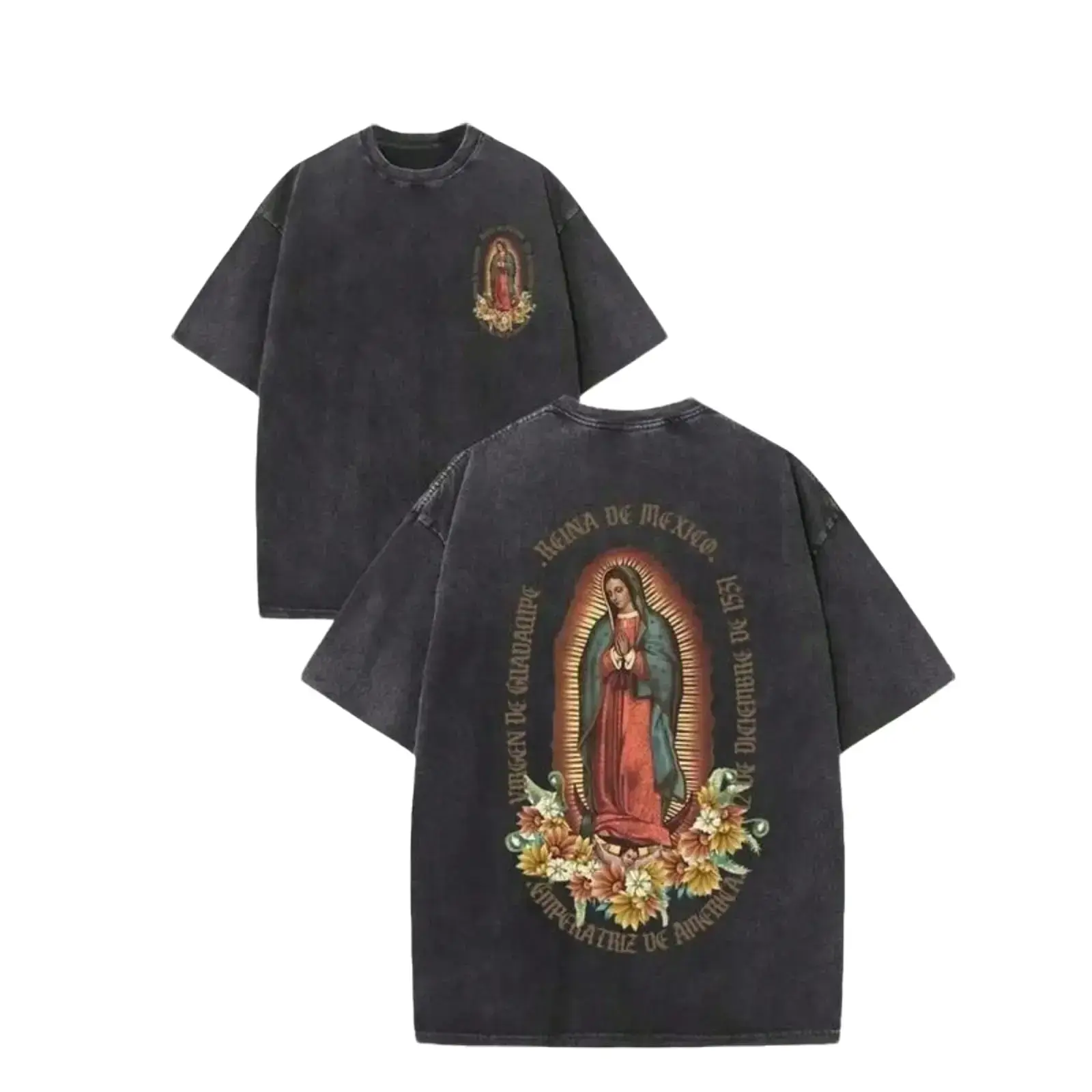 [BT] Washed Pure Cotton Unisex T-Shirt, Men'S Casual Fashion, With Dark gothic 'VIRGEN DE GUADALUPE' And Religious Figure Prints, Outdoor Sports T-Shirt |   Loose Fit top |   Soft Knitted T-Shirt Crewneck Apparel, trendy tiktok shirt, Vintage Graphic