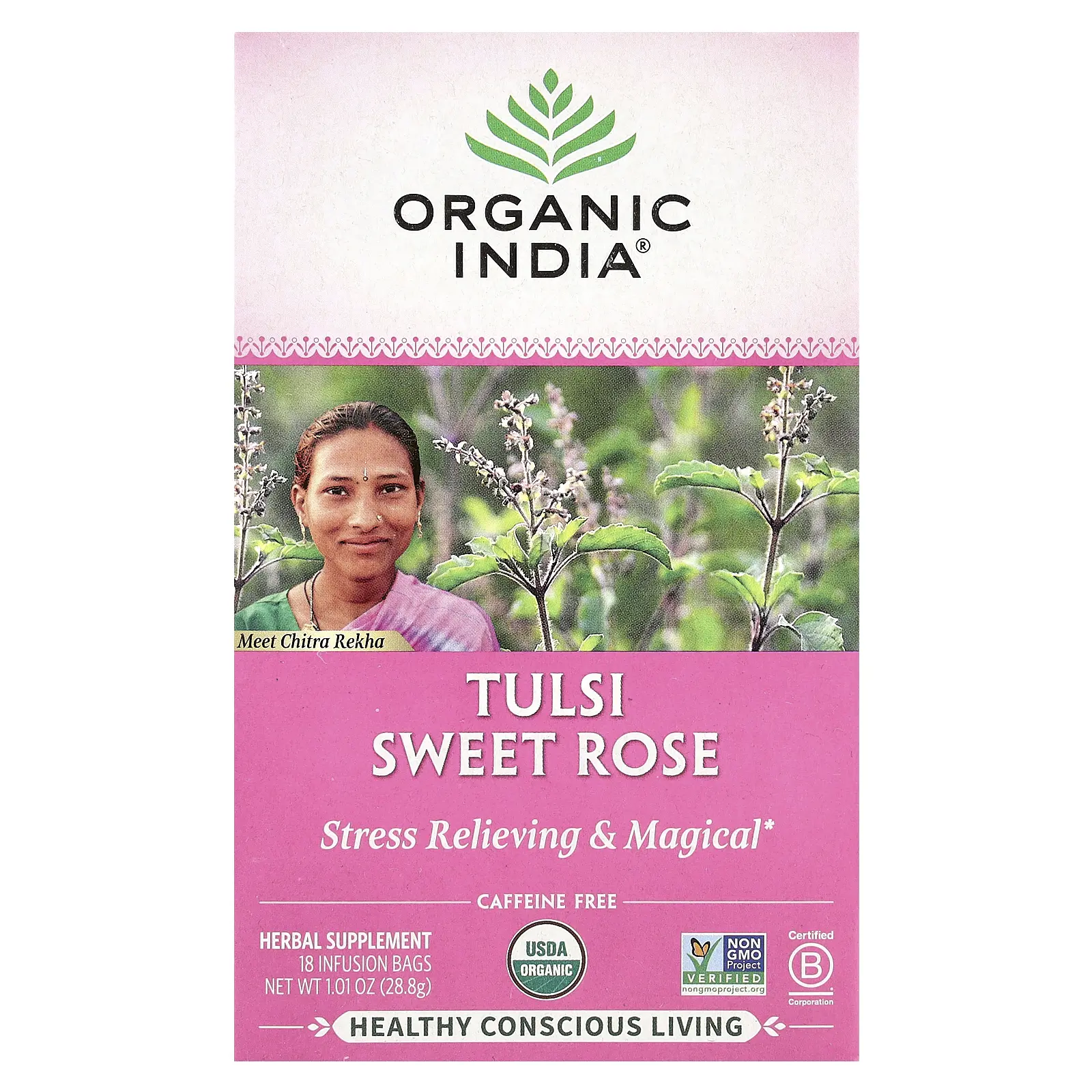 Organic India Tulsi Sweet Rose Tea, Caffeine Free, 18 Infusion Bags, 1.01 oz (28.8 g)