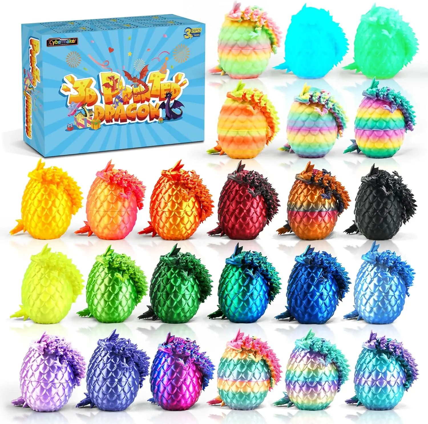 24PCS 3D Printed Dragon model Eggs with Dragons Inside, Articulated Fidget Toys Set, 3D Dragon Figurines for Kids Goodie Bag Stuffers, Classroom Prizes, Birthday Party Favors, Collectible Gifts
