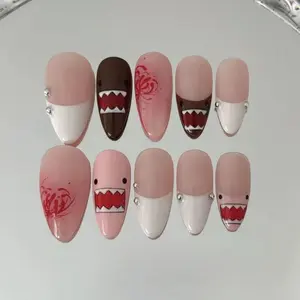 Cute Soft Pink Domo Press On Nails, Cartoon Inspired Pink Domo Nails Art