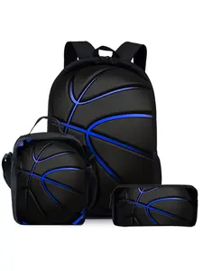 Three-piece set of backpacks with blue basketball pattern prints, including lunch bag, pencil case, and backpack, Backpack Combo