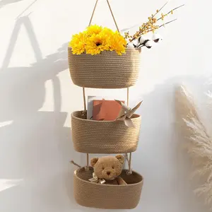 Boho Shelf Basket 3-Tier, Woven Cotton & Jute Over the Door Hanging Organizer, Wall-Mounted Nursery Storage for Diapers, Toys, Clothes, Decorative Cotton Rope Basket for Baby Room, Apartment, Renter Friendly gratuation gifts