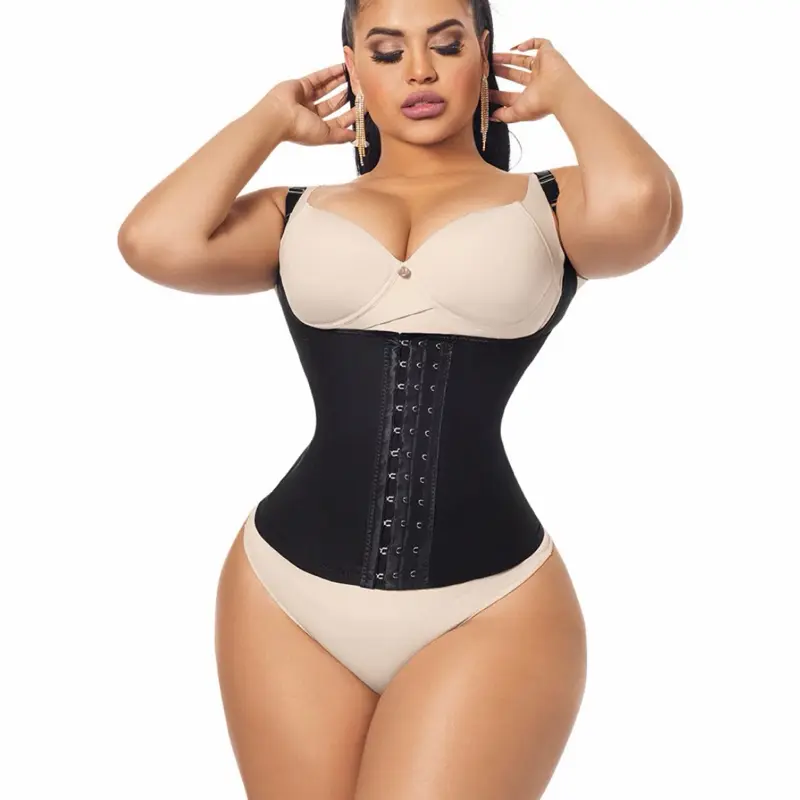 O-065 Negro Caribe Chaleco Tiras Broche Women's Black Waist Trainer with Beige Underwear Set for Post-Surgery Recovery & Abdomen Support