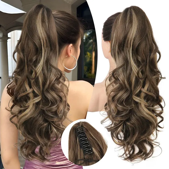 Ponytail Hair Extension with Jaw Claw, 24 Inch Long Synthetic Curly Wavy Clip On Hairpieces for Women, Instant Volume and Length