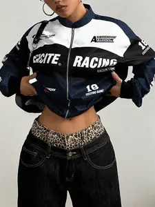 Women's Racing Print Jacket Coats, Casual Fitted Long Sleeve Outerwear, European Style Letter Pattern, All Seasons Fashion, Womenswear