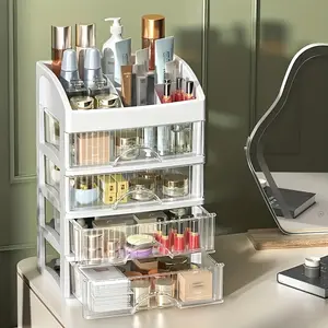 Large White Cosmetic Storage Box, Organiser - Spacious countertop storage with a transparent drawer for storing skincare products, brushes, lotions, lipsticks - Durable plastic, for vanity tables, bathrooms, bedrooms