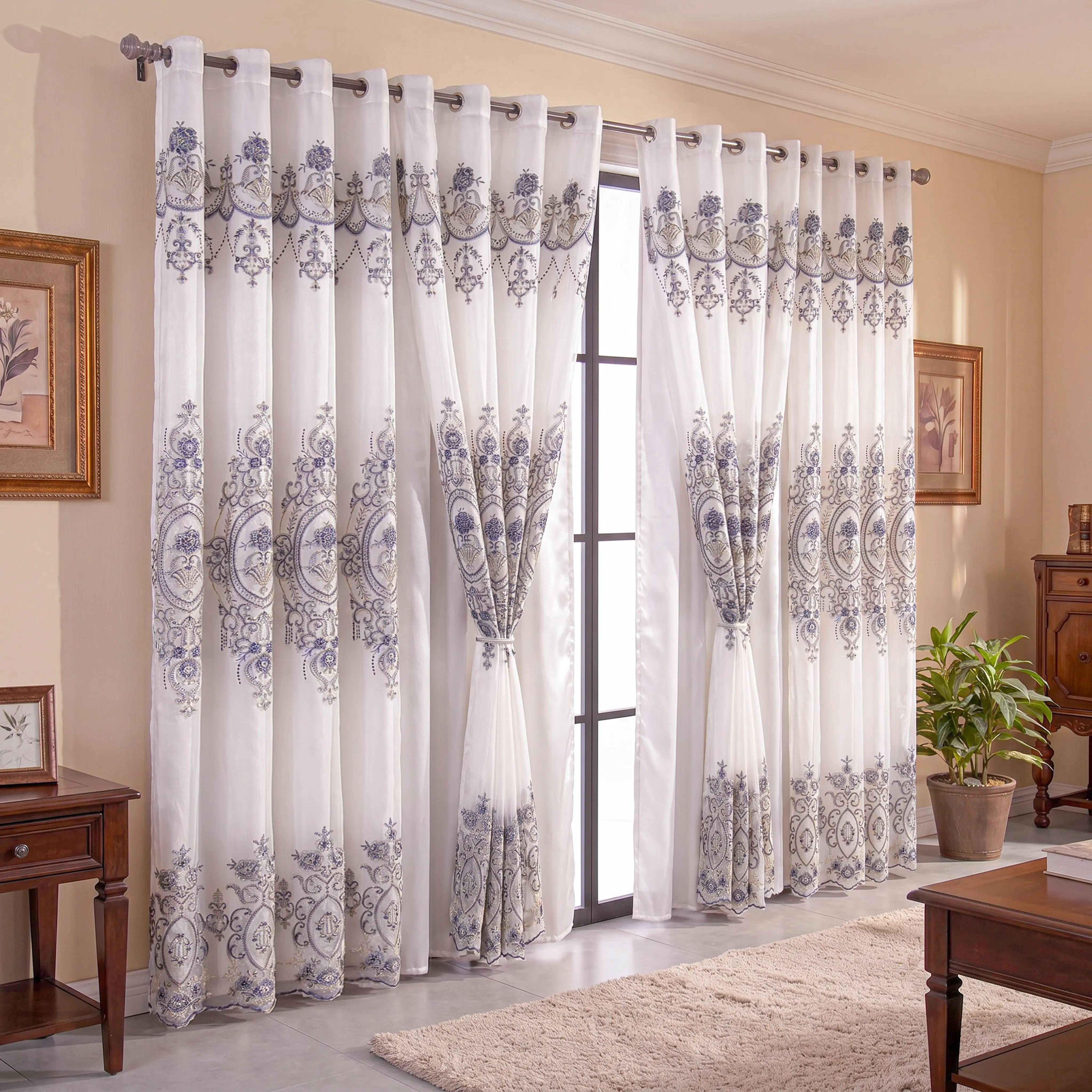 Luxury Double Layer Embroidered Curtain for Windows, 4-Panel Grommet Top Drapes with Attached Valance (52x84 in), Semi Shading Voile Sheer Thermal Insulated Light Filtering European Home Decor for Living Room Bedroom QF601 decorative