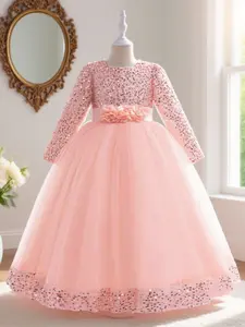 Girl's Appliques Contrast Sequin Bow Back Fit Flare Dress Fashion Elegant Long Sleeve Round Neck Dress for Formal Party Wedding Guest Kids Clothes for All Seasons Sparkly Glitter Fantasy Dresses