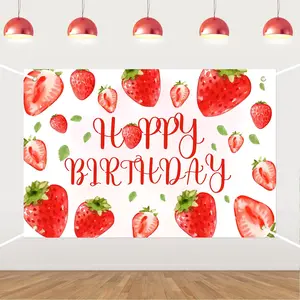 1Set Strawberry Birthday Backdrop Berry Sweet Bday Party Decorations Happy Birthday Photography Background for Kids Girls Strawberry Theme Sweet One 1anniversary 2anniversary 3anniversary Bday Party Decor Supplies 5x3ft
