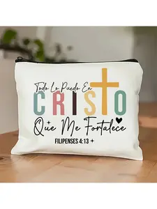 1pc Inspirational Spanish Bible Scripture Makeup Bag - "to Live Like Cristo" Design, Durable Zippered Cosmetic Organizer for Travel, Fitness, Camping & Outdoor Activities - Beige with Colorful Cross & Lettering,