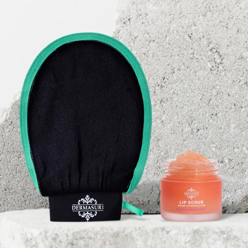 Dermasuri Body Scrub Glove & Sugar Lip Scrub Set - Body Care Dead Skin Remover, Gentle & Hydrating Exfoliating Exfoliator for Silky Soft Skin & Hydrated Lips