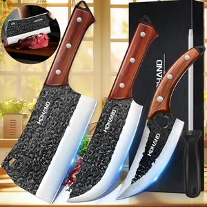 MDHAND 4PCS Kitchen Chef Knife Set, Hand-Forged Serbian Knife Set - Includes Cleaver, Boning, Viking Knives with Sheaths, Gift Box for Home Cooking, Camping, Outdoor BBQ, Best Gift #fathersdaygift