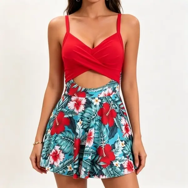 AgeRose 1 Piece Swimdress for Women, Tummy Control V-Neck Swimsuit with Skirt Hem and Wrap Tie-Back for Vacation Beachwear, One Piece