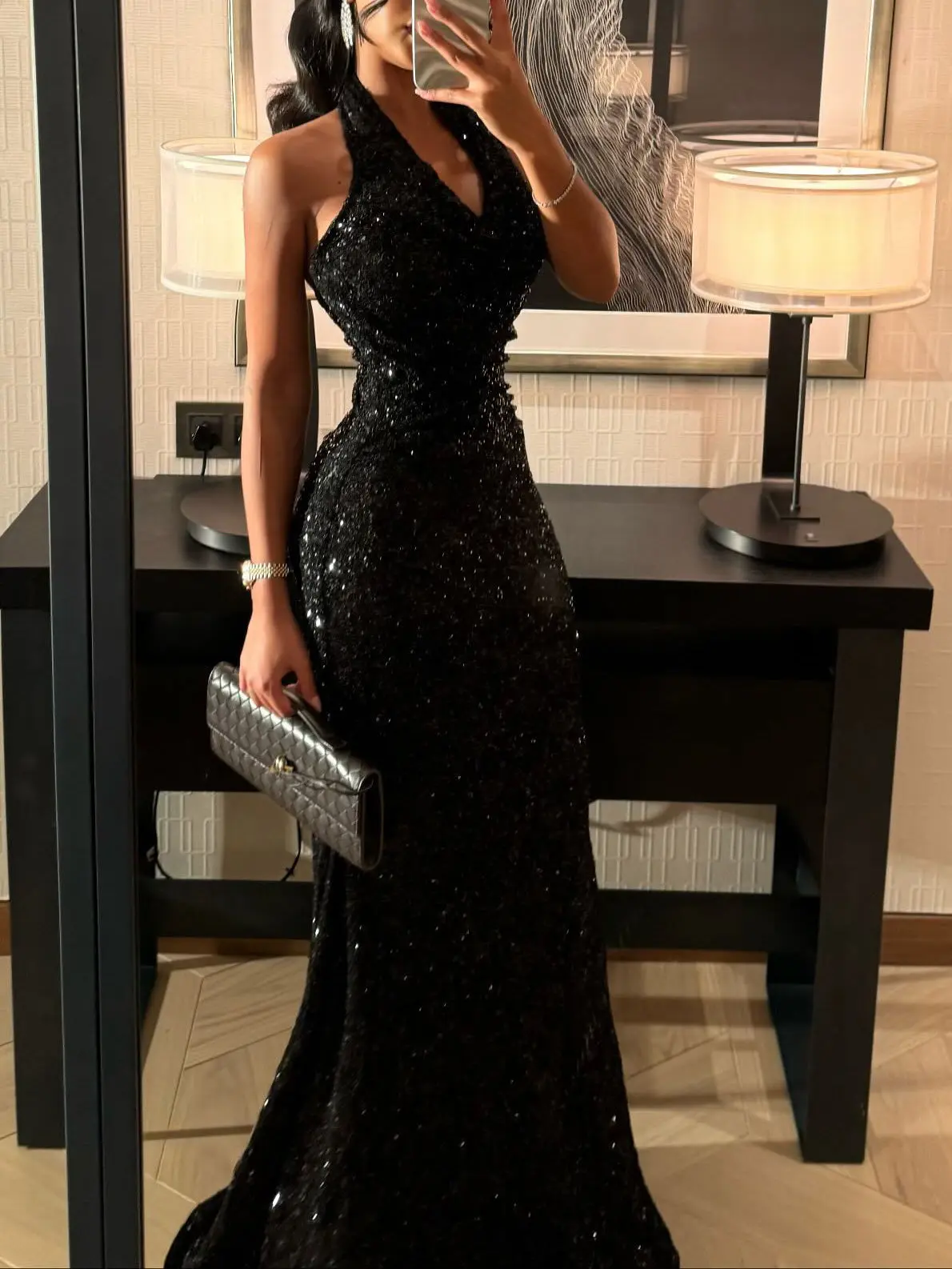 Black Sequin Halter Neck Mermaid Gown With Full Sparkle Detail