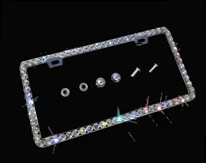 Dazzling Addiction 3D Bling License Plate Frame Big Chunky Rhienstones Clear AB Rainbow Made in USA Handmade 1 Row Holder Screw Caps Personalizable Customizable Customized White Bedazzled Sparkly Shimmering for Girls and Women 2 Holes Crystals Diamond