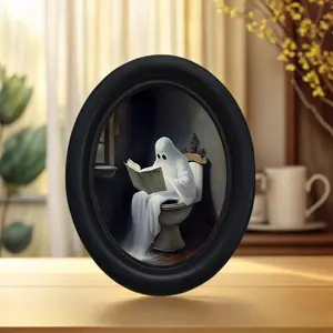 Vintage Halloween Ghost Reading on Toilet Decor, Home Decor, Rustic Charm, Handmade Wooden Display 5.25x4.16 Inches, Oval Tabletop Ornament for Halloween Christmas Thanksgiving