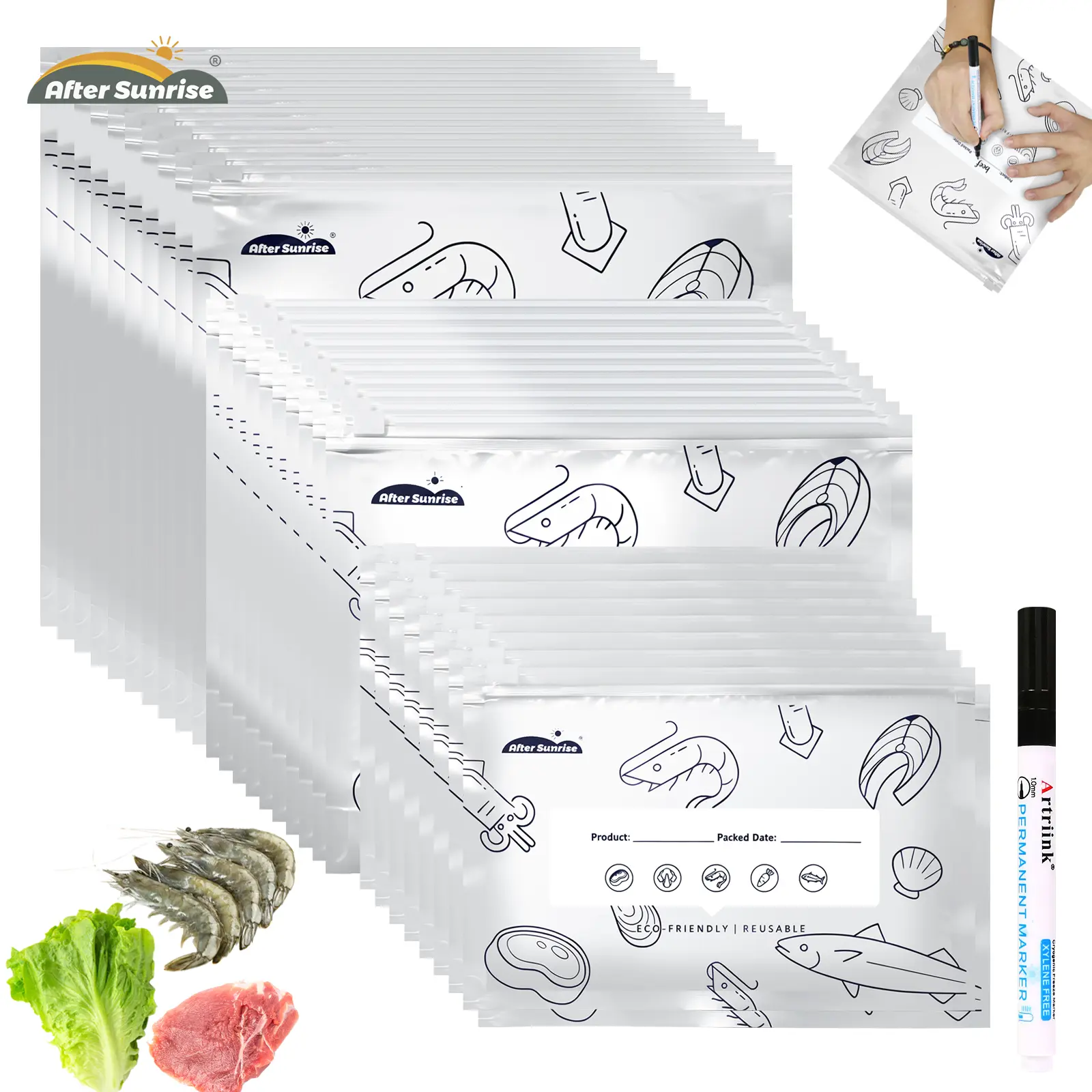 【Refrigerated Food】Reusable Aluminum Foil Sealable Storage Bags, Aftersunrise 2026 New Resealable Vacuum Zipper Pouches for Food, Stand Up Foil Sealable Bags with Label and Zip Lock for Vegetable Fruit Meat