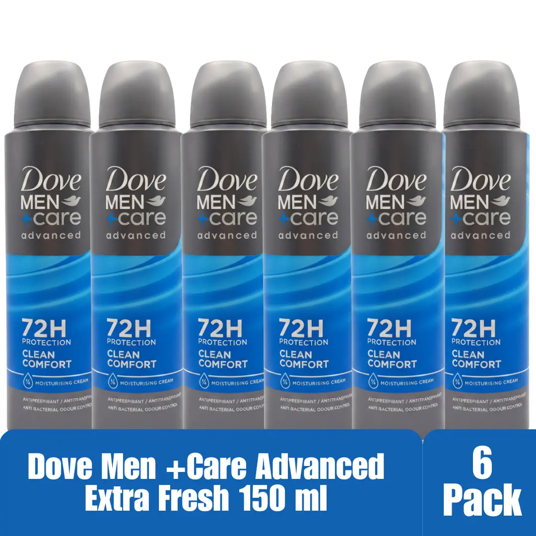 Dove Men+Care Clean Comfort Antiperspirant Spray, 72H Protection, 1/4 Moisturizing Cream, Antibacterial Odor Control, 150ml (Pack of 6)