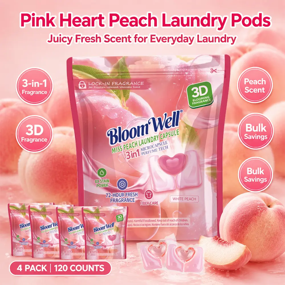BloomWell 3-in-1 Laundry Pods, New ConcentrateFresh Peach Scent Detergent Pods, Long-Lasting Fragrance, Luxury Fragrance, Stain Removal, Deep Cleaning, HE Compatible, 30 Pcs/Bag, 1 Bag/4 Bags,, Cleaner Laundry Fragrance, Premium Detergent Pods