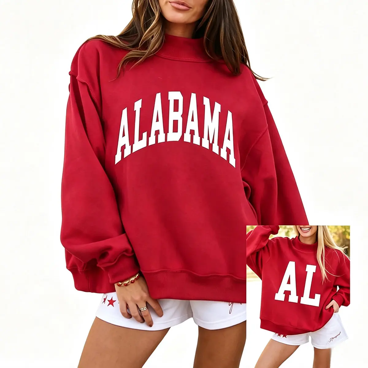 MULLVEIG Women's Reversible High Neck Baggy Sweatshirt - Alabama AL Double-Sided Letter Print Oversized Game Day Pullover Top Fall Outfit
